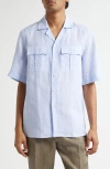 Isaia Superlino Short Sleeve Linen Button-up Shirt In Blue