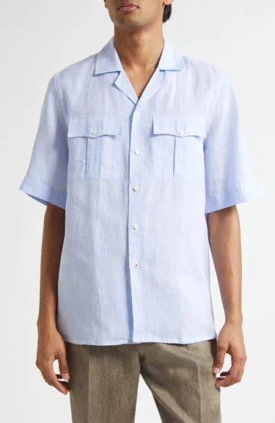 Isaia Superlino Short Sleeve Linen Button-up Shirt In Blue
