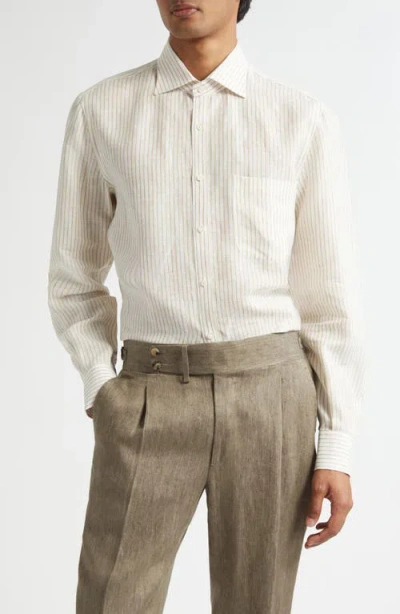 Isaia Superlino Stripe Linen Button-up Shirt In White