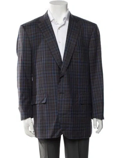 Pre-owned Isaia Wool Plaid Print Blazer In Blue
