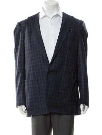 Pre-owned Isaia Wool Plaid Print Blazer In Blue