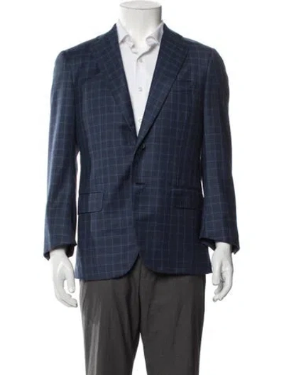 Pre-owned Isaia Wool Plaid Print Blazer In Blue