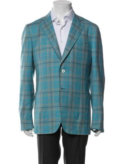 Pre-owned Isaia Wool Plaid Print Blazer In Blue