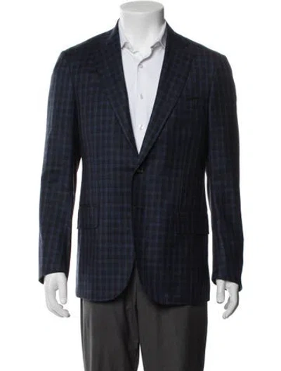 Pre-owned Isaia Wool Plaid Print Blazer In Blue