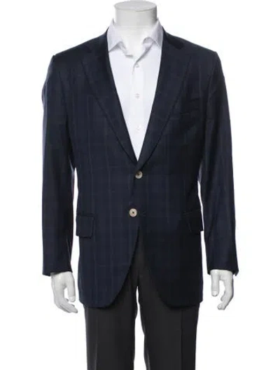 Pre-owned Isaia Wool Plaid Print Blazer In Blue
