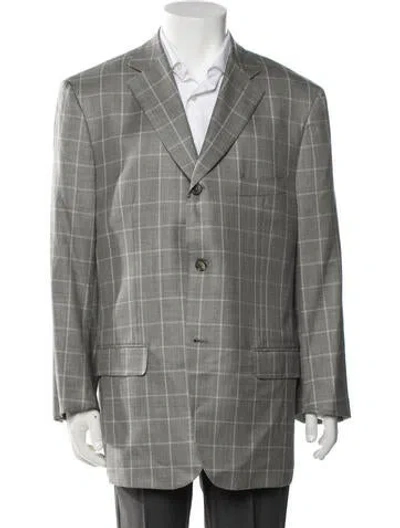 Pre-owned Isaia Wool Plaid Print Blazer In Gray