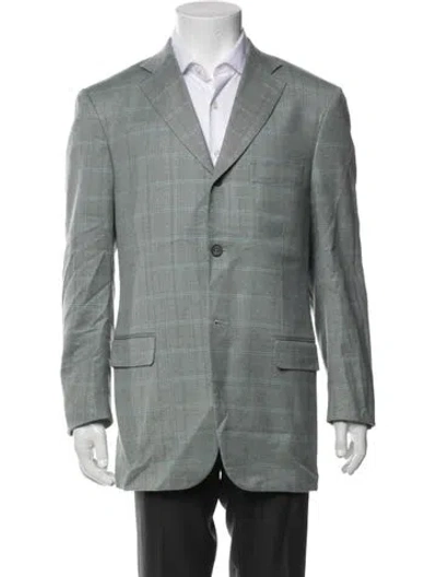 Pre-owned Isaia Wool Plaid Print Blazer In Green