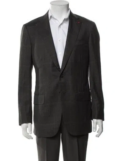 Pre-owned Isaia Wool Plaid Print Blazer In Grey