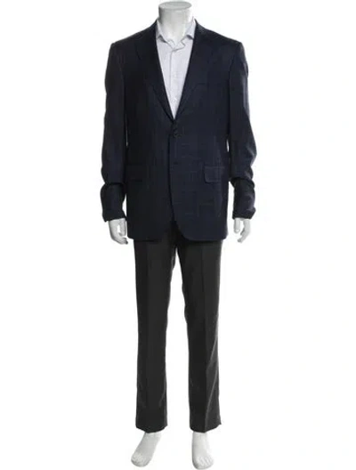 Pre-owned Isaia Wool Plaid Print Overcoat In Blue