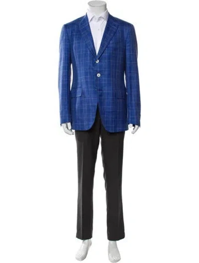 Pre-owned Isaia Wool Plaid Print Overcoat In Blue