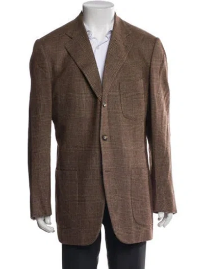 Pre-owned Isaia Wool Plaid Print Overcoat In Brown