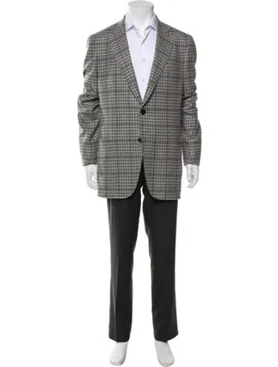 Pre-owned Isaia Wool Plaid Print Overcoat In Gray