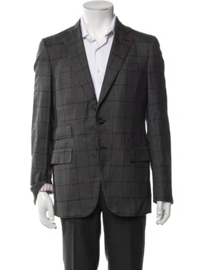 Pre-owned Isaia Wool Plaid Print Overcoat In Grey