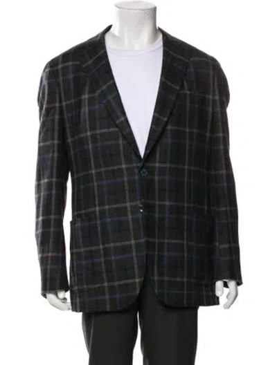 Pre-owned Isaia Wool Plaid Print Peacoat In Blue