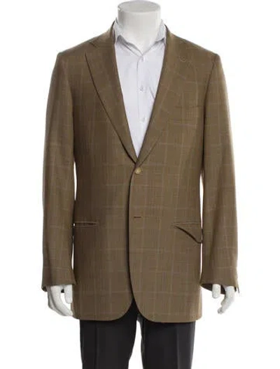 Pre-owned Isaia Wool Plaid Print Peacoat In Brown