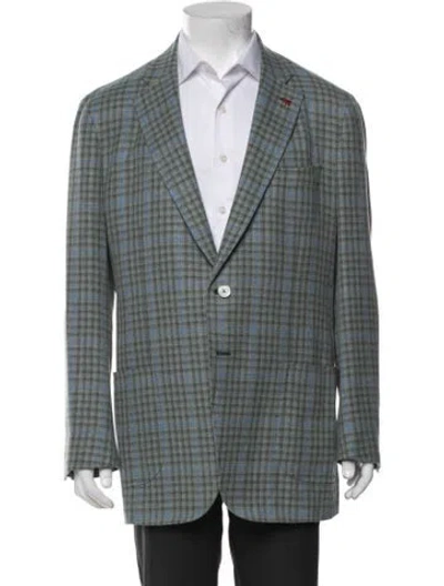 Pre-owned Isaia Wool Plaid Print Peacoat In Green
