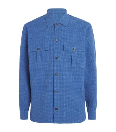 Isaia Wool-silk-linen Seersucker Overshirt In Blue