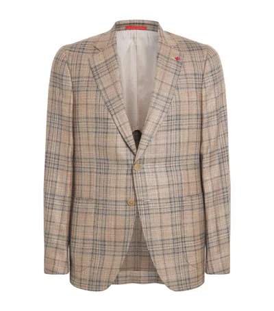 Isaia Wool-silk Check Capri Blazer In Brown