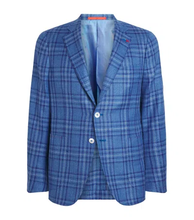 Isaia Wool-silk-linen Check Blazer In Black
