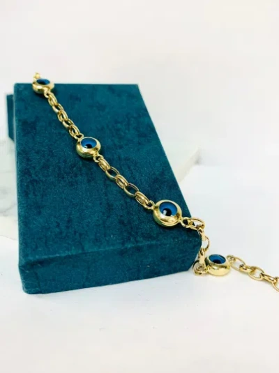 Pre-owned Isasjewelry 14k Solid Gold Navy Evil Eye Bracelet For Women's 7.25" Good Luck & Protection In White