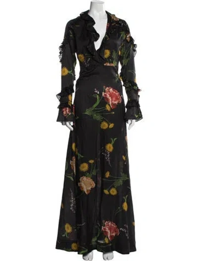Pre-owned Isla And White Floral Print Long Dress In Black