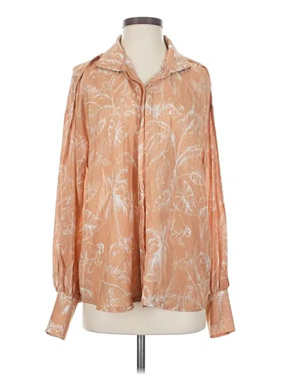 Pre-owned Isla And White Long Sleeve Silk Top Orange Collared Neckline Tops