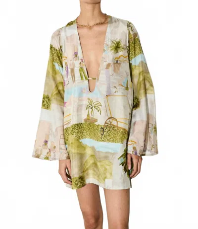 Isla And White Lori Silk Deep V-neck Tunic Mini Dress In Poolside In Green
