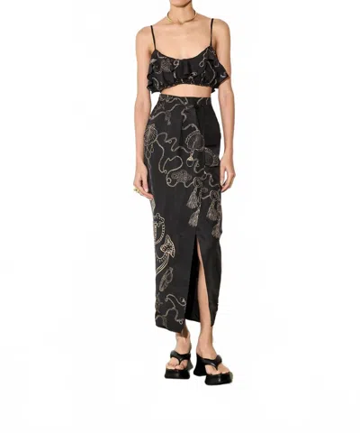 Isla And White Pat Silk Ruffled Bralette Top In Golden Hour In Black