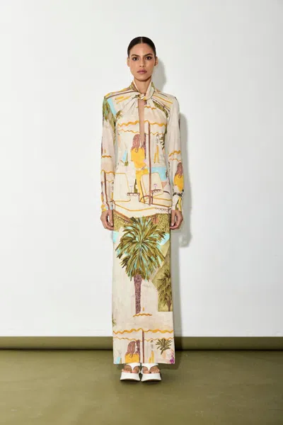 Isla And White Sandra Twist Neck Long Sleeve Maxi Dress In Poolside In Multi