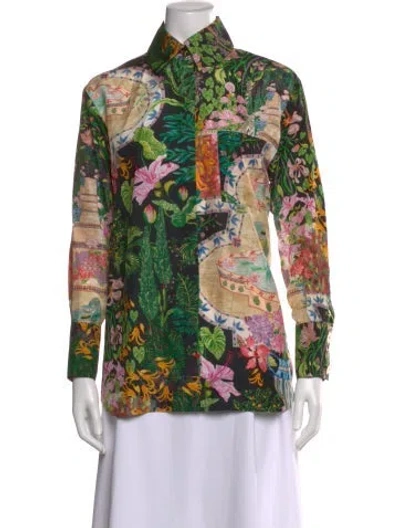 Pre-owned Isla And White Silk Printed Top In Green