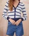 Isla Ayla Pointelle Stripe V Cardigan In Navy Multi In Blue