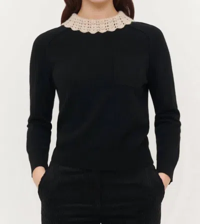 Isla Ruthie 3/4 Sleeve Crochet Collar Crew Sweater In Black