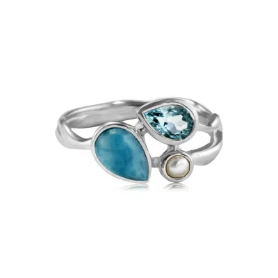Isla Silver Women's Blue / Silver Larimar, Blue Topaz & Freshwater Pearl Trio Ring In Multi