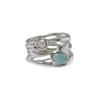 Isla Silver Women's Blue / White / Silver Statement Larimar & Pearl Silver Ring In Multi