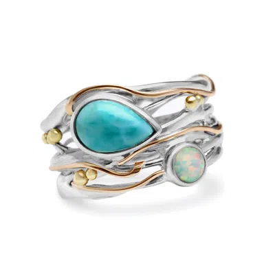 Isla Silver Women's Gold / Blue / Silver Teardrop Larimar & White Fire Opal Ring