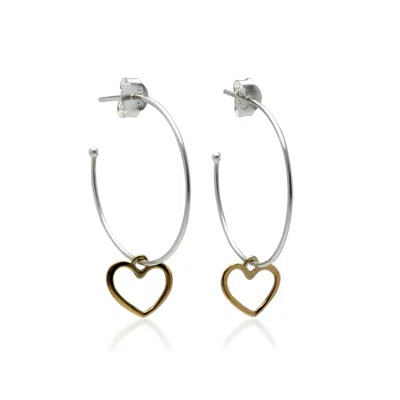 Isla Silver Women's Gold / Silver Sterling Silver Hoop Earrings With Dainty Gold Hearts In Multi