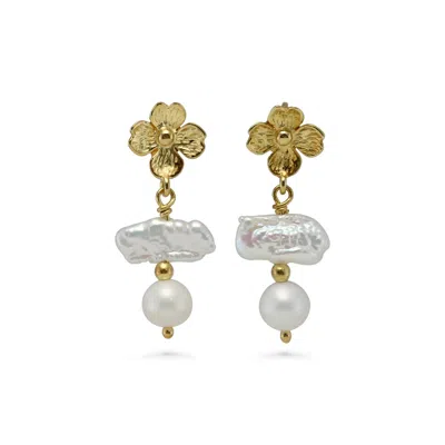 Isla Silver Women's Gold / White Pearl & Flower Gold Dangle Earrings
