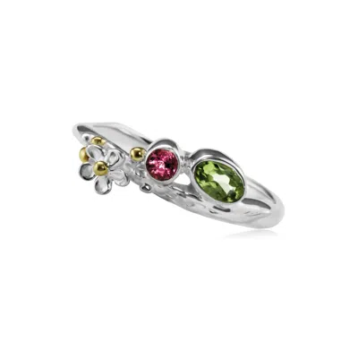 Isla Silver Women's Green / Pink / Purple Peridot & Pink Tourmaline Flower Ring