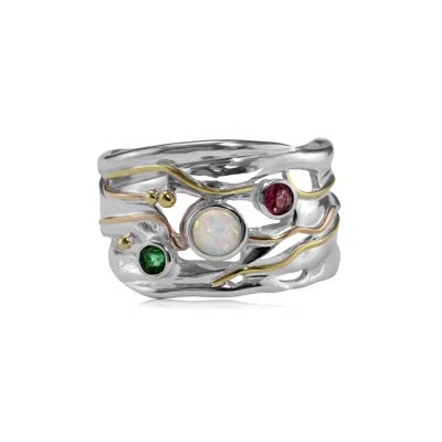 Isla Silver Women's Green / Red / Silver White Opal, Emerald, & Pink Tourmaline Ring In Multi