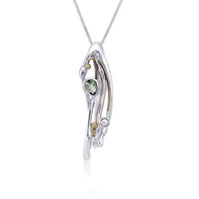 Isla Silver Women's Green / Silver Flowing Silver Pendant With Green Amethyst & Pearl In Multi