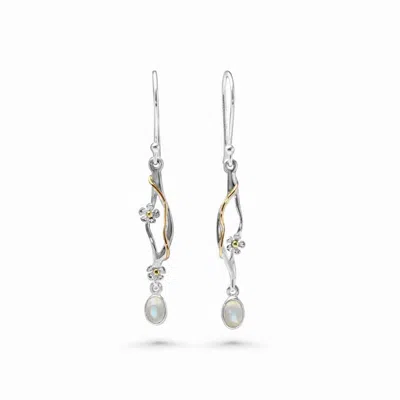 Isla Silver Women's Silver Dainty Flower & Rainbow Moonstone Drop Earrings