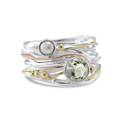 Isla Silver Women's Silver / Green / White Pearl & Green Amethyst Ring In Sterling Silver With Gold Details In Multi