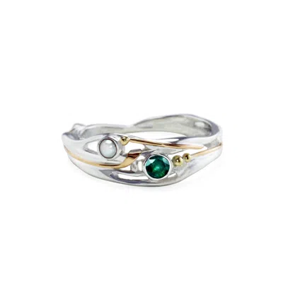 Isla Silver Women's Silver / Green / White Sterling Silver Pearl & Emerald Ring