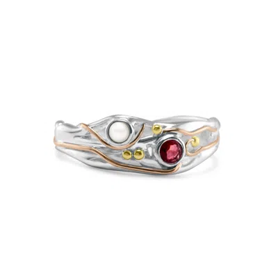 Isla Silver Women's White / Red / Silver Sterling Silver Pearl & Ruby Ring