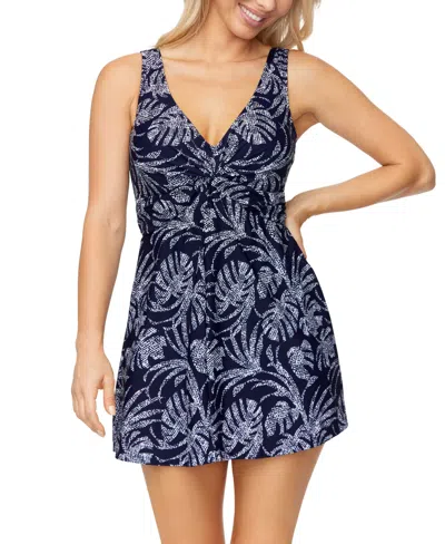Island Escape Magnolia Underwire Swimdress, Created For Macys In Navy,white