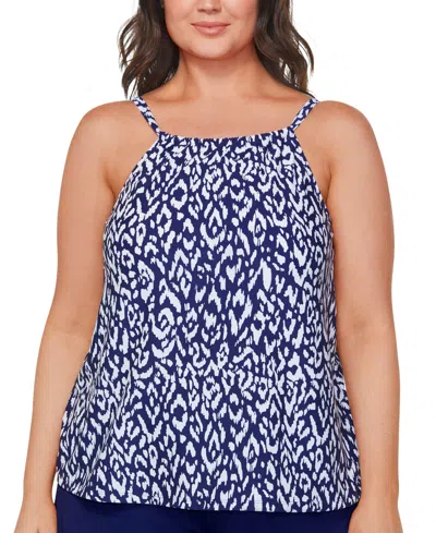 Island Escape Plus Size Cali Printed Tankini Top, Created For Macy's In Navy
