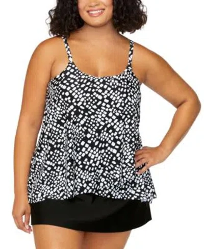 Island Escape Plus Size Cape Town Printed Tankini Plus Size Tummy Control Swim Skirt Exclusively At Macys In Black,white