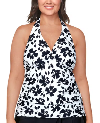 Island Escape Plus Size Floral-print Halter Tankini Top, Created For Macy's In White