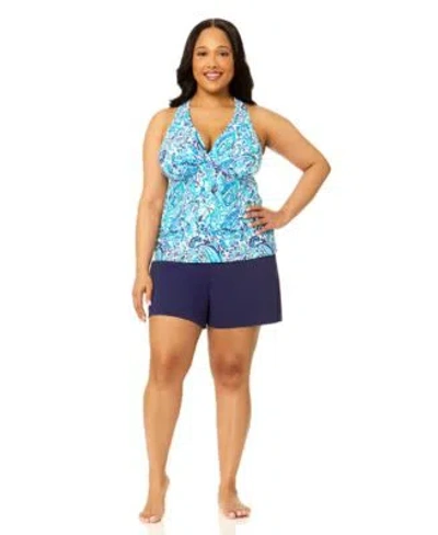Island Escape Plus Size H Back V Neck Underwire Tankini Top Macys Exclusive Shorts In Blue