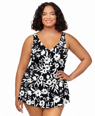 Island Escape Plus Size Magnolia Underwire Swim Dress, Macy's Exclusive In Black